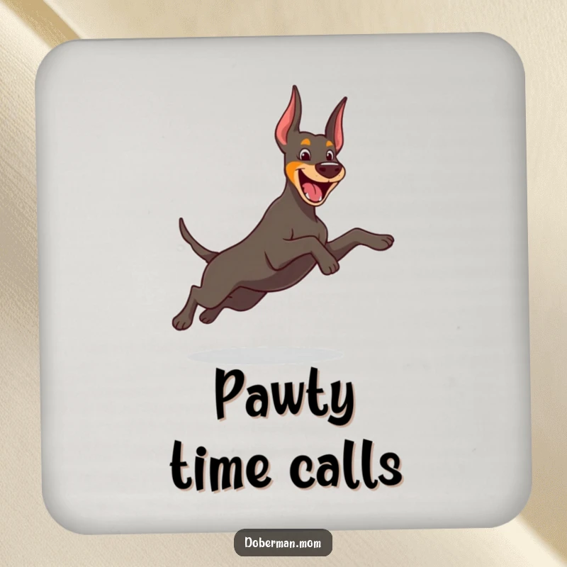 Funny Doberman coaster featuring a cheerful dog in a playful leap, protecting surfaces with energetic humor.