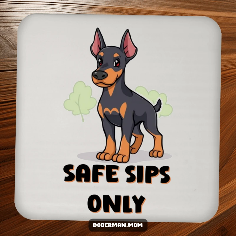 Funny Loyal Doberman Guardian Coaster: a dog stands protectively and surveys; protects surfaces with humorous, vigilant flair.