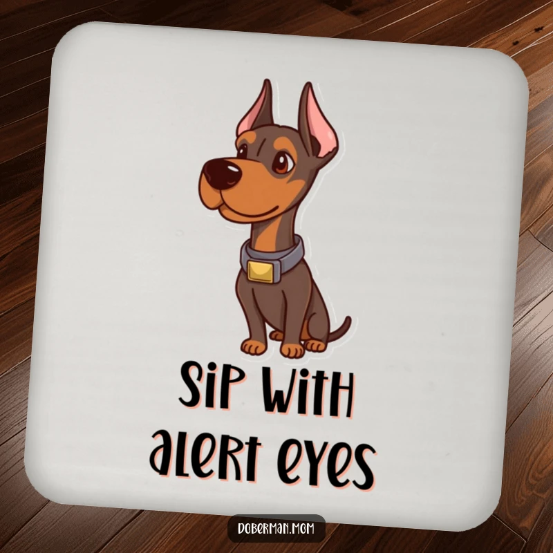 Funny Doberman Coaster: A sophisticated Doberman with a refined collar, alert and ready to protect your table.