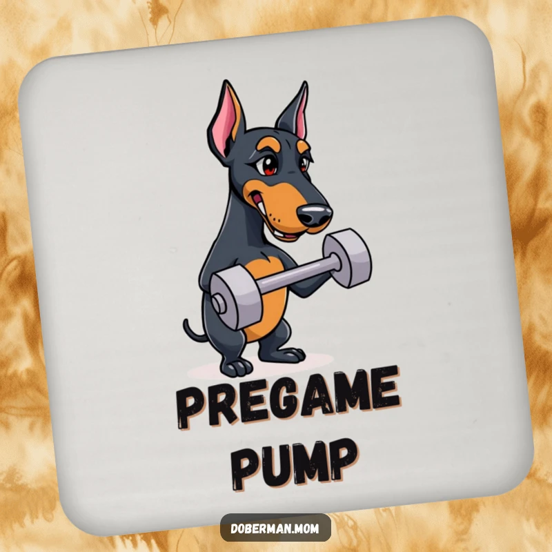 Funny Doberman coaster featuring a determined dog balancing a tiny dumbbell, protecting surfaces with canine charm.