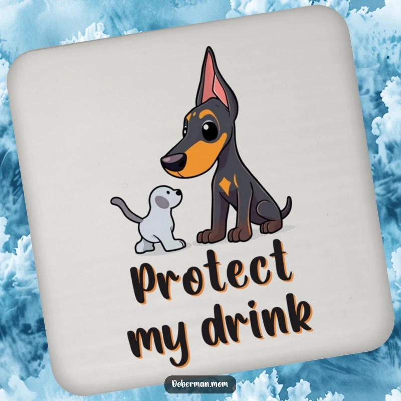 Funny Doberman coasters featuring a dog in a protective stance, watching over a toy, adding humor and protection.