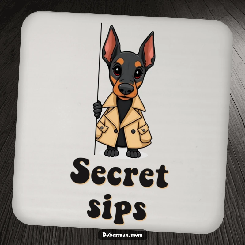 Funny drink coaster with a Doberman in a trench coat, peeking around the corner, adding a mysterious touch.