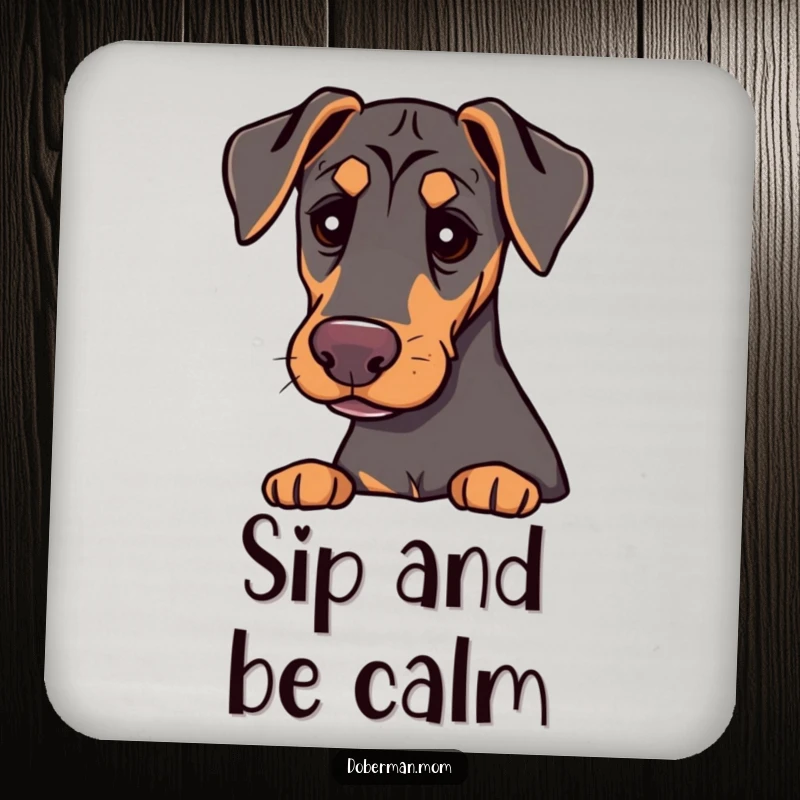 Funny Doberman with gentle eyes, offering a comforting presence, designed as a humorous drink coaster.