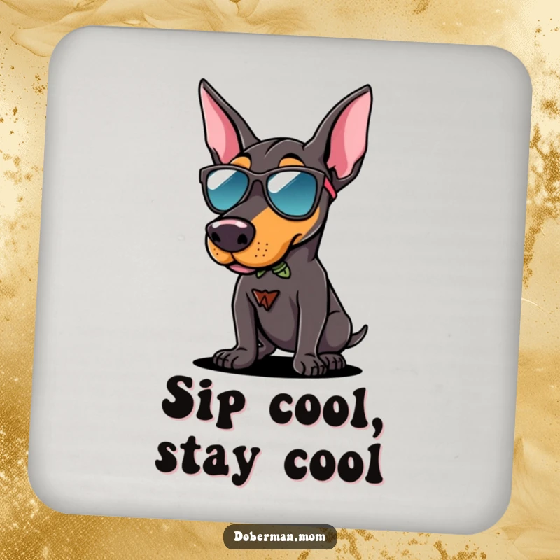 Funny Doberman sunglasses coaster showing a dog in cool shades striking a confident pose, protecting surfaces with style.