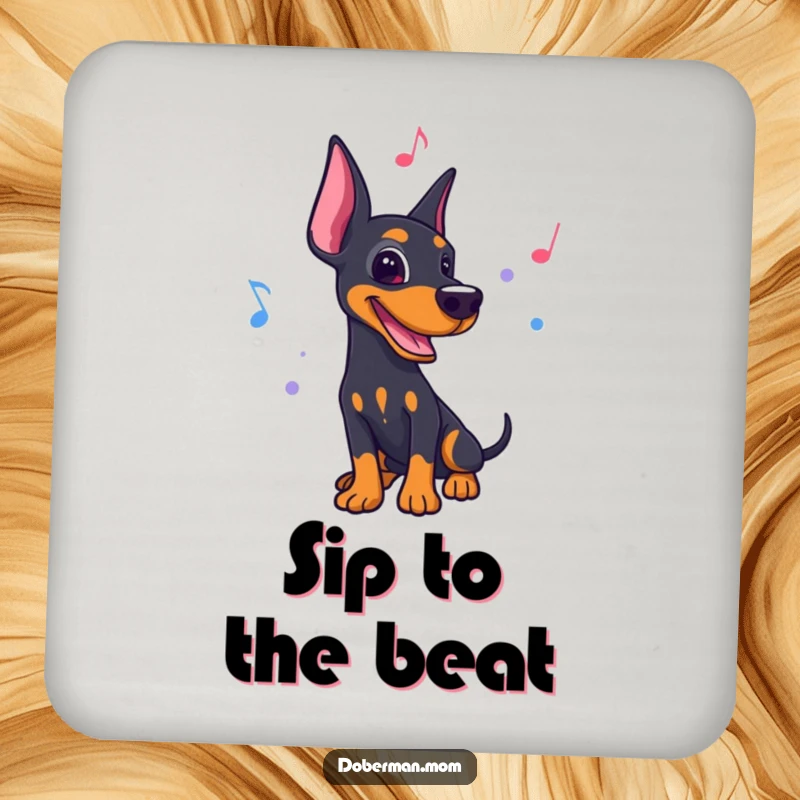 Funny drink coaster with a Doberman dancing to a lively rhythm with musical notes, adding musical charm.