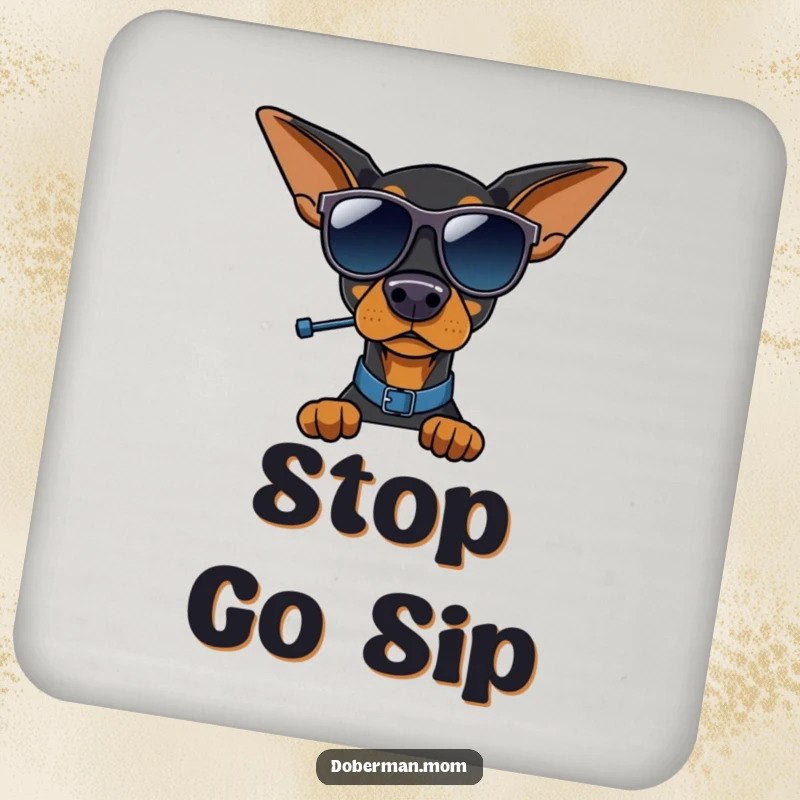 Funny Doberman traffic cop coasters, Doberman directing, protecting furniture from drinks, set of four.