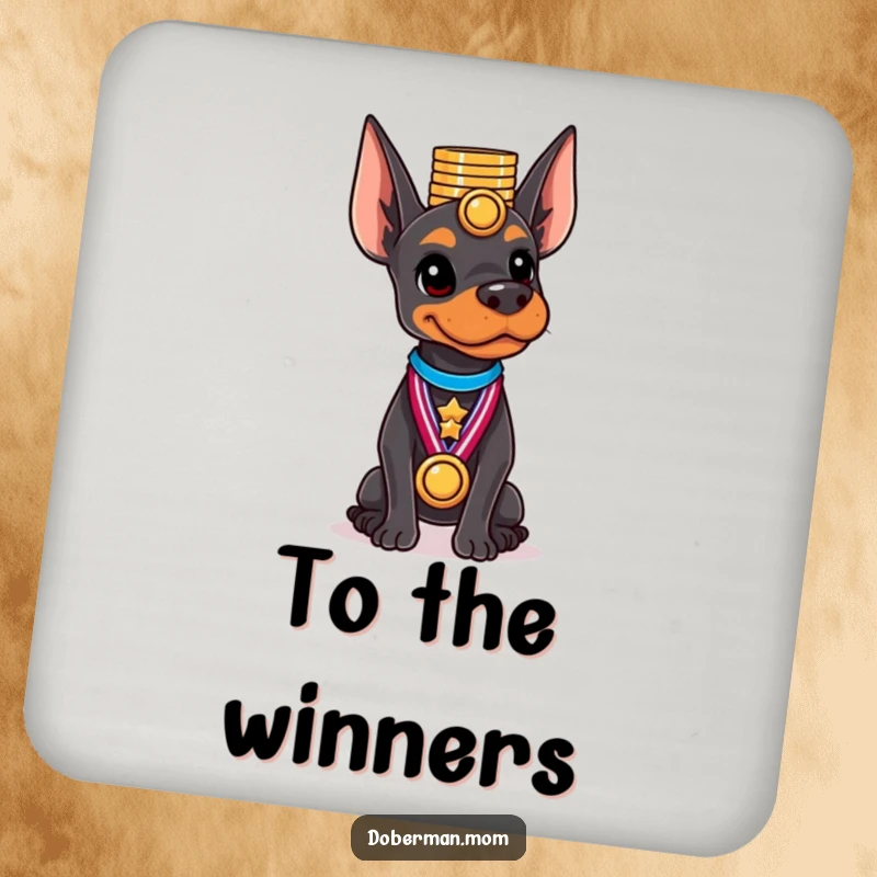 Funny Doberman coaster depicting a dog balancing a stack of shiny medals on its head.