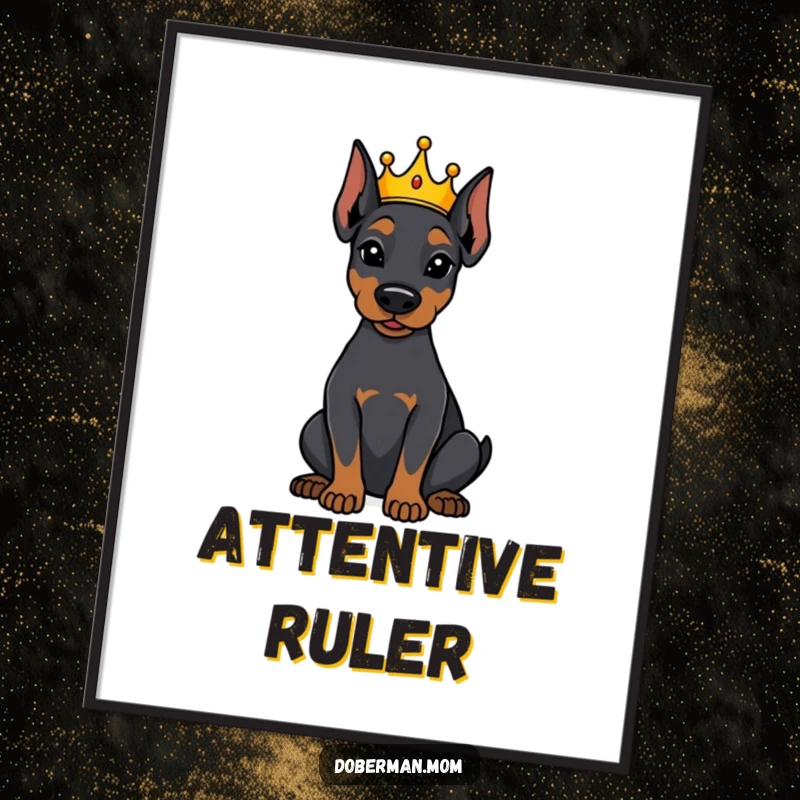 Funny Doberman dog wearing a tiny crown, sitting attentively on a poster, symbolizing loyal rule and humorous decor.