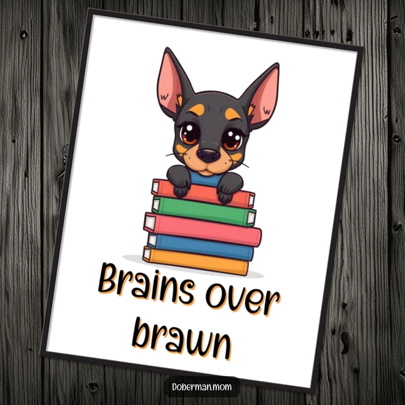 Funny Doberman Book Stack Poster: a determined dog balances books; humorous intellectual art for any wall.