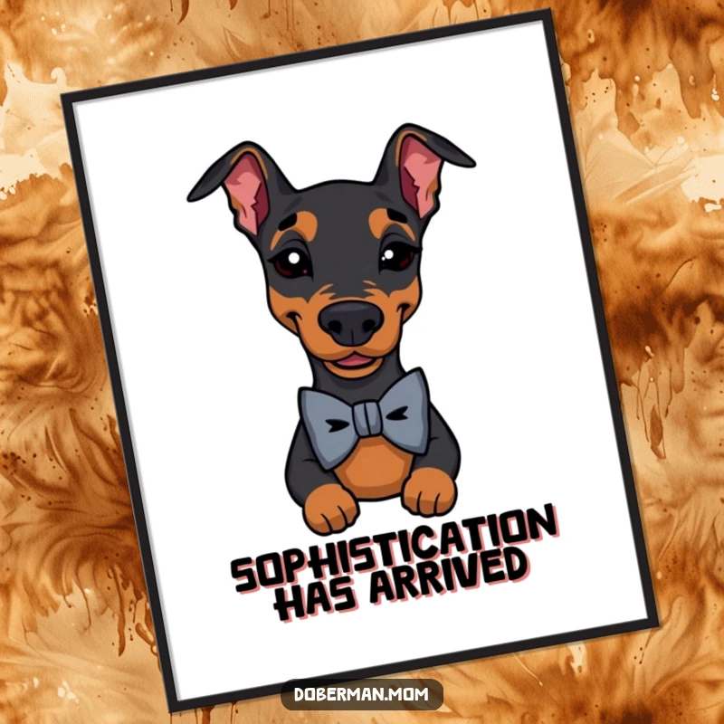 Funny Doberman Bow Tie Wink Poster: a dapper dog in a bowtie winks; adds humorous elegance to any wall decor.