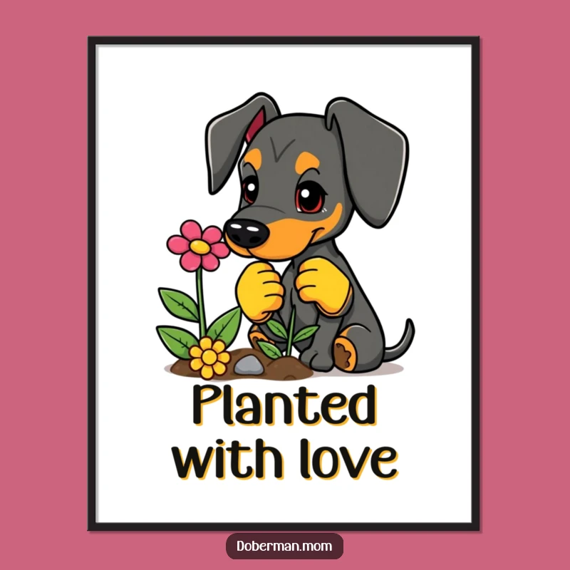 Funny Doberman Gardener Poster: Planting Pup Art, Vibrant Wall Decor