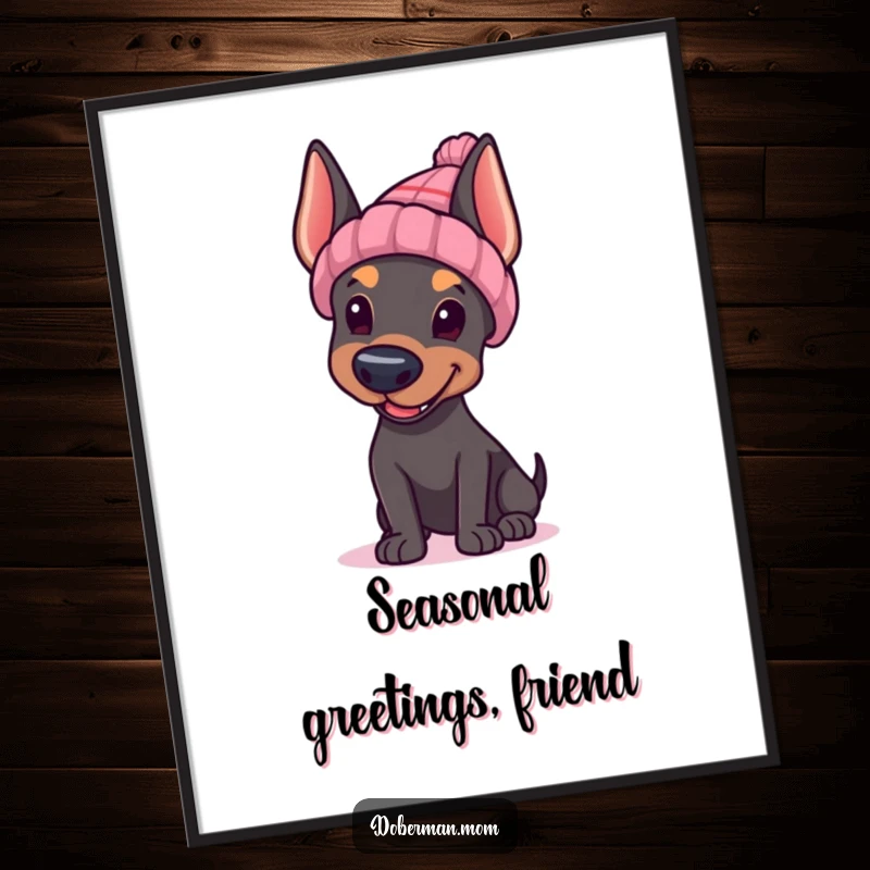 Funny Doberman hat wave poster art, Doberman in knitted hat waving, cute dog art for walls.