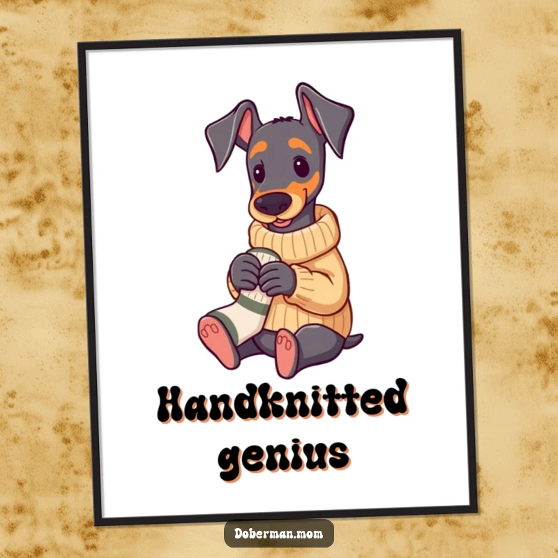 Funny Doberman in a cozy sweater knitting a tiny sock, cute and humorous poster.