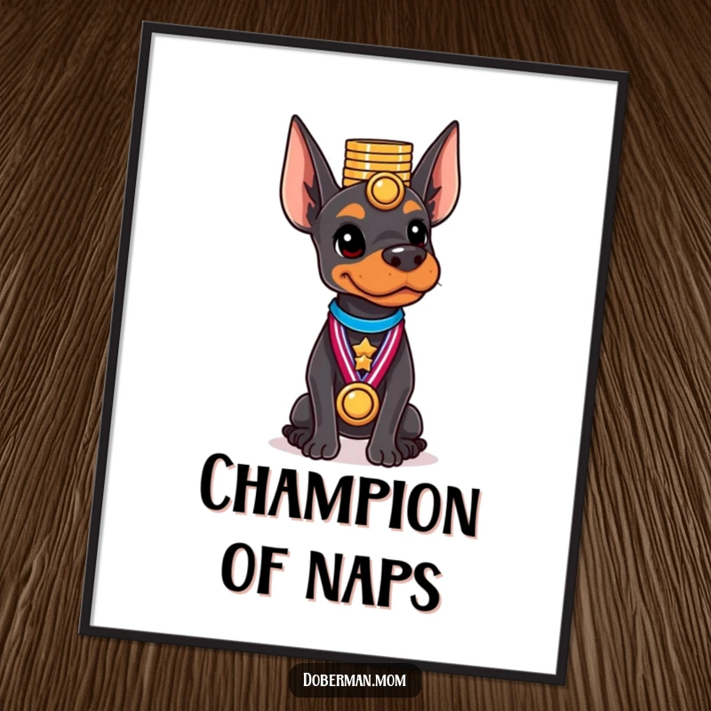 Funny Doberman poster of a dog skillfully balancing a large stack of glittering gold medals on its head.