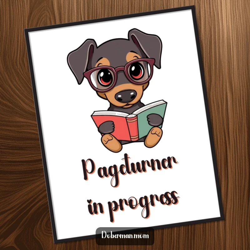 Funny Doberman Scholar Poster: A Doberman dog wearing tiny reading glasses sits with a book, creating a humorous, studious vibe.