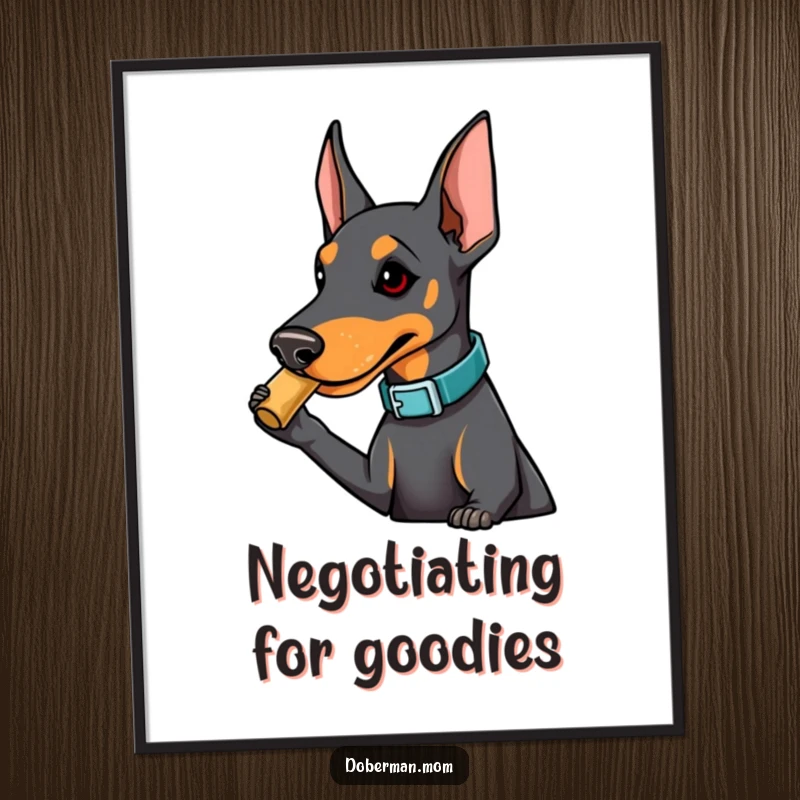 Funny Doberman poster depicting a fashionably collared dog playfully nudging for a treat, adding charming humor and personality to wall art.