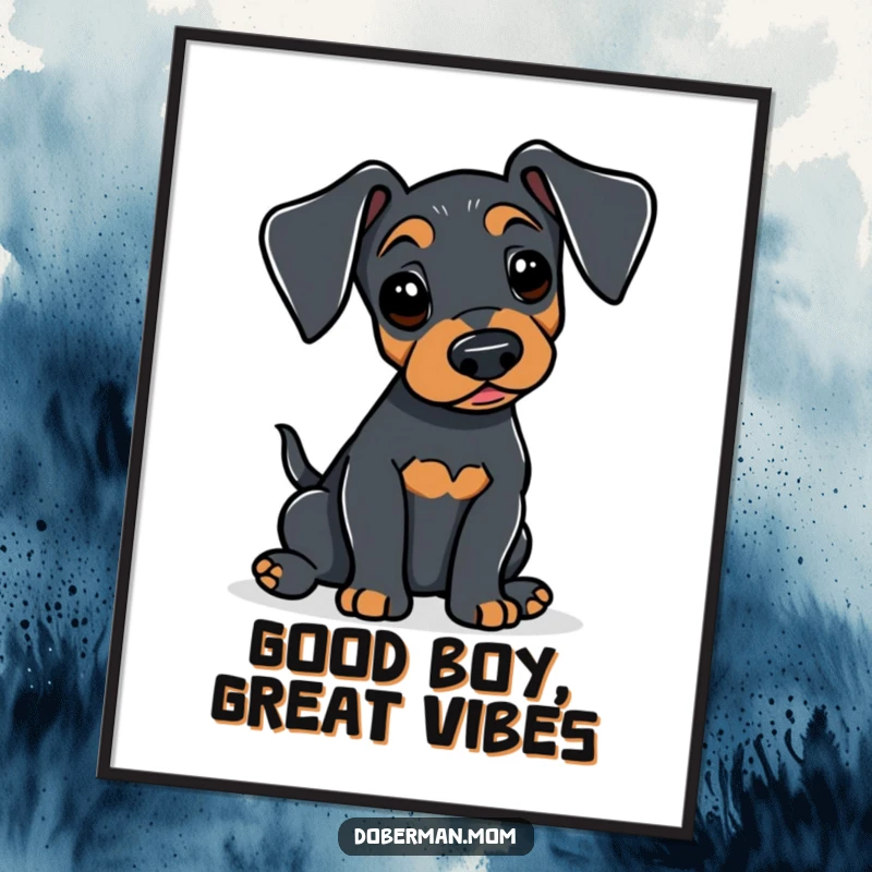 Funny Doberman poster depicting an alert dog gently wagging its tail, adding cheerful and friendly vibes to wall decor.