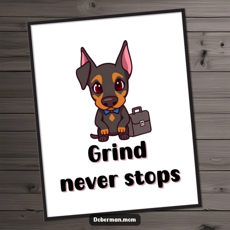 Funny Doberman with a briefcase, looking determined, displayed as a humorous art poster.