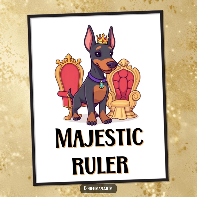 Funny Doberman poster depicting a proud Doberman wearing a tiny crown next to a miniature throne, exuding regal charm.