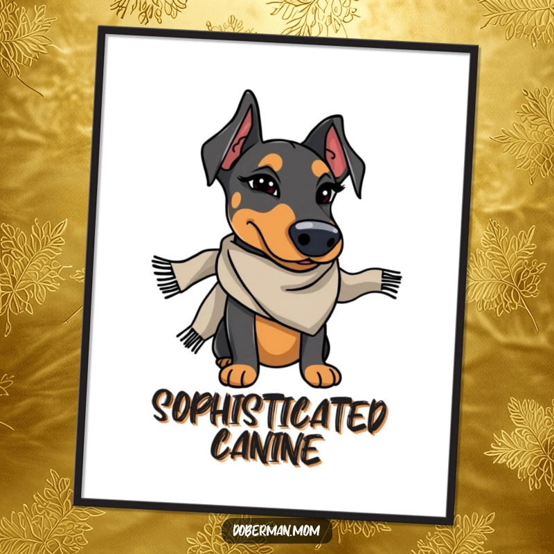 Funny Doberman wearing a stylish scarf winks charmingly, a humorous and sophisticated poster.