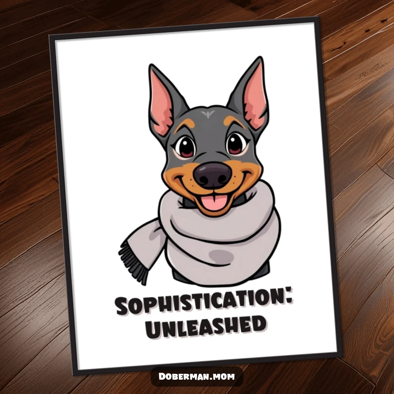 Funny Doberman poster of an elegant dog wearing a stylish scarf, adding a humorous and chic touch to wall art.