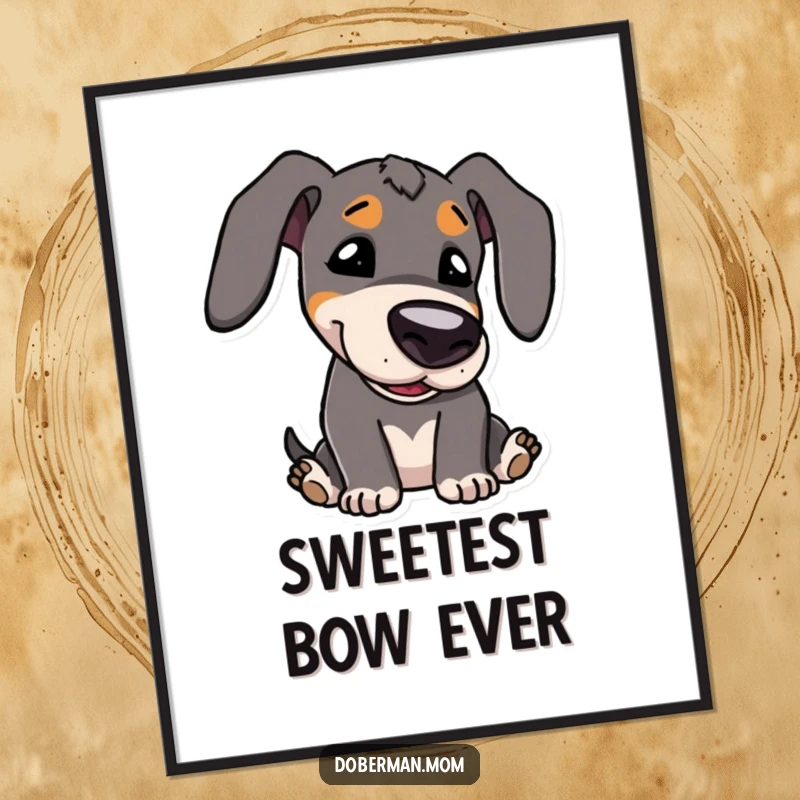 Funny Poster: Kawaii Doberman character with large, expressive eyes, playfully bowing its head, exuding adorable politeness.