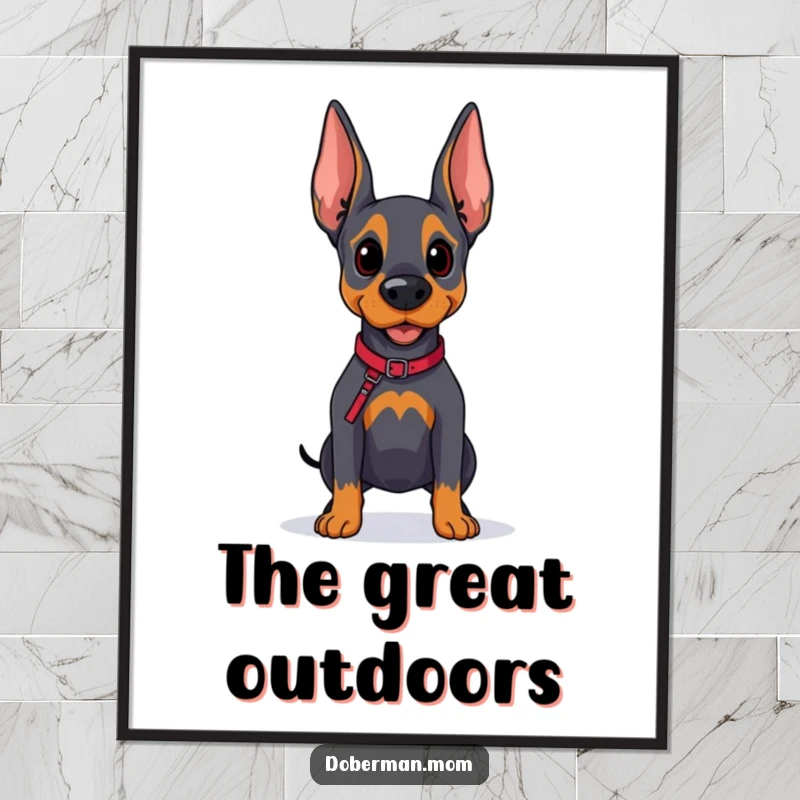 Funny Doberman Explorer Poster: A hopeful Doberman dog with a leash gazes onward, symbolizing anticipation for adventures.