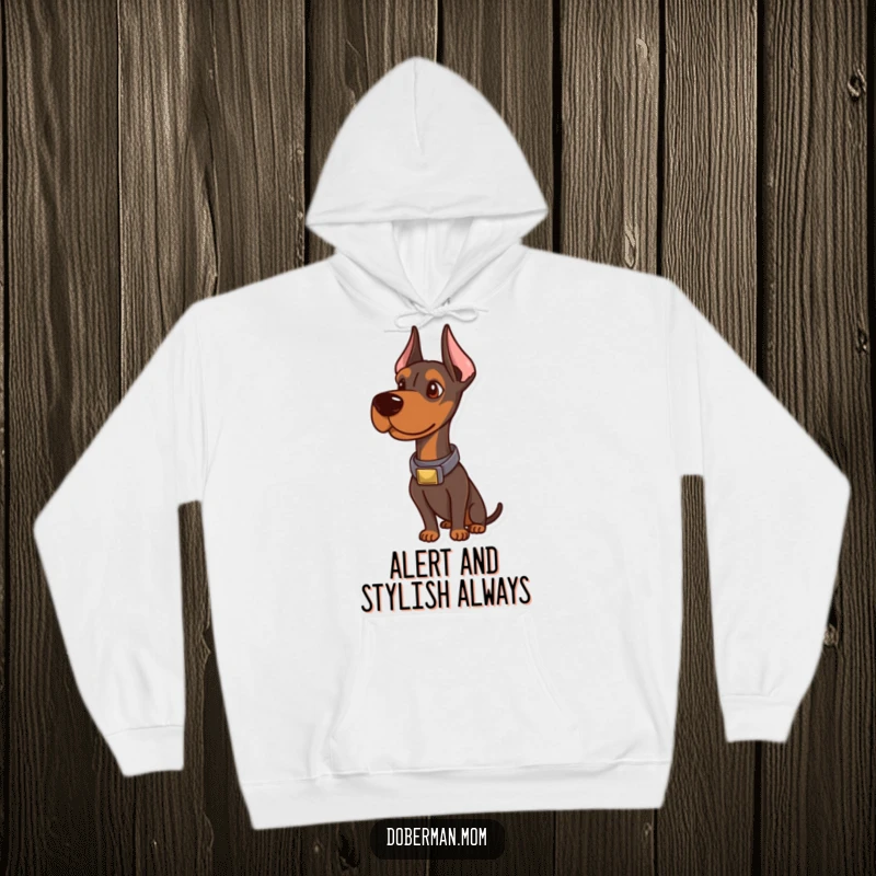 Funny Doberman Hoodie: An alert, sophisticated Doberman wearing a classy collar, perfect for cozying up with humor.