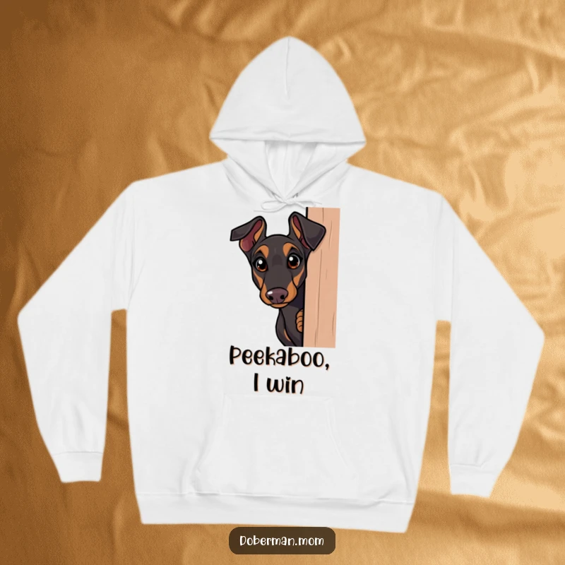 Funny Doberman hoodie, curious dog peeking around a corner with wide eyes, conveying surprise and humor, perfect for cozy exploration.