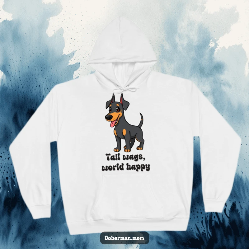 Funny Doberman hoodie, friendly dog wagging its tail eagerly, conveying warmth and joy, perfect for cozy companionship.