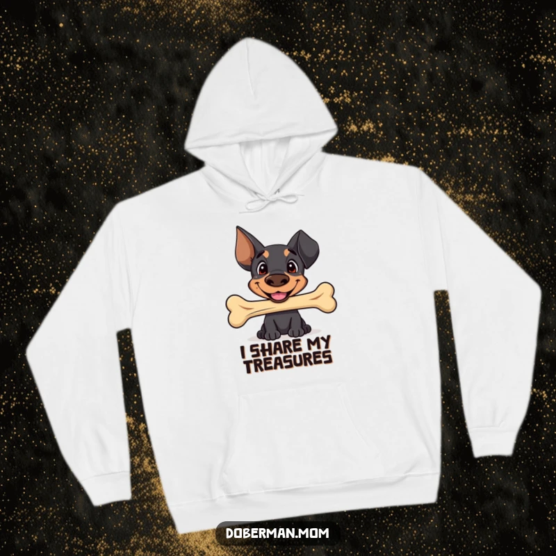Funny Sweet Doberman hoodie with a happy smile, offering a well-worn bone, providing cozy warmth and adorable doggy charm.