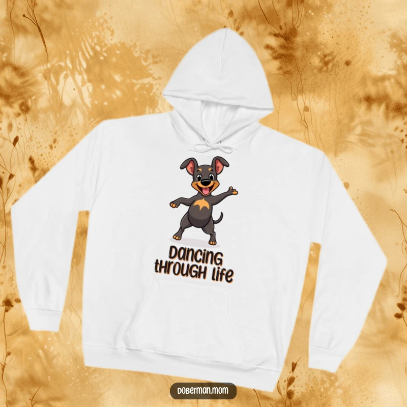 Funny Hoodie: Cheerful Doberman character doing a happy dance with a wagging tail, bringing cozy smiles.