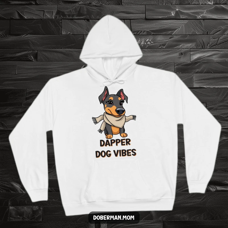 Funny Doberman wearing a stylish scarf winks charmingly, a warm and humorous hoodie for dog enthusiasts.