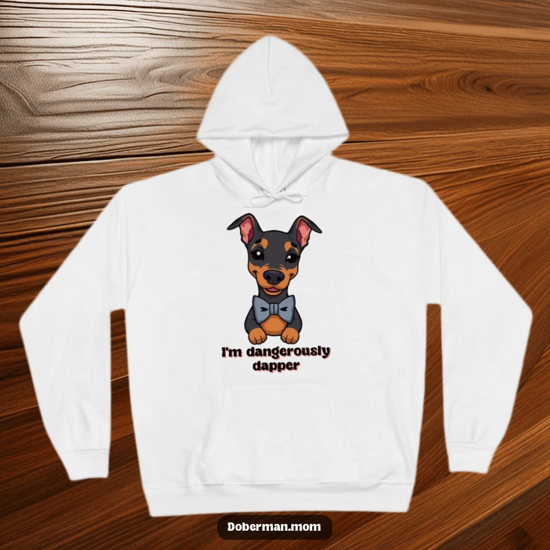 Funny Doberman Bow Tie Wink Hoodie featuring a dapper dog in a bowtie, winking playfully; cozy and humorous apparel for dog lovers.