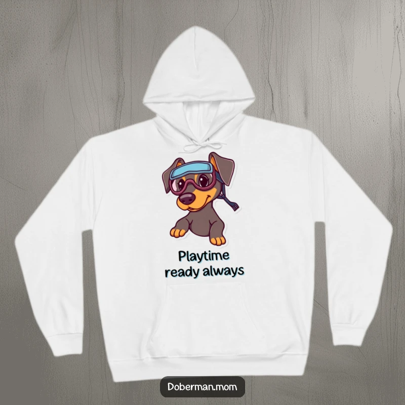 Funny Sports Doberman Hoodie: A comfortable hoodie featuring a Doberman with tiny sports goggles, ready for fun.