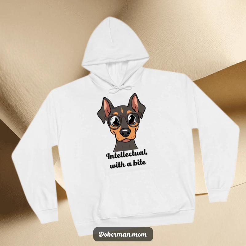 Funny Doberman Scholar Hoodie, a studious dog in tiny spectacles, exuding intelligence and warmth, ideal funny gift for cold days.