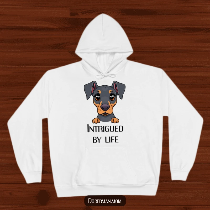 Funny Doberman hoodie with wide, expressive eyes full of curiosity, perfect for cozy contemplation and dog appreciation.