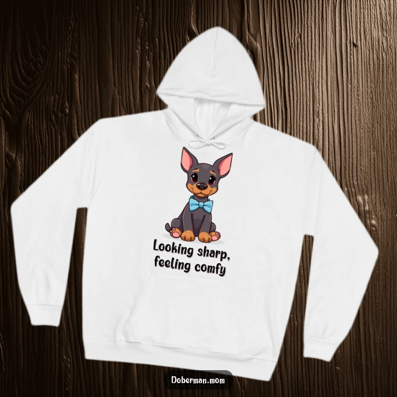 Funny Doberman hoodie featuring an attentive dog with a bow tie, providing cozy warmth and a touch of humorous sophistication.