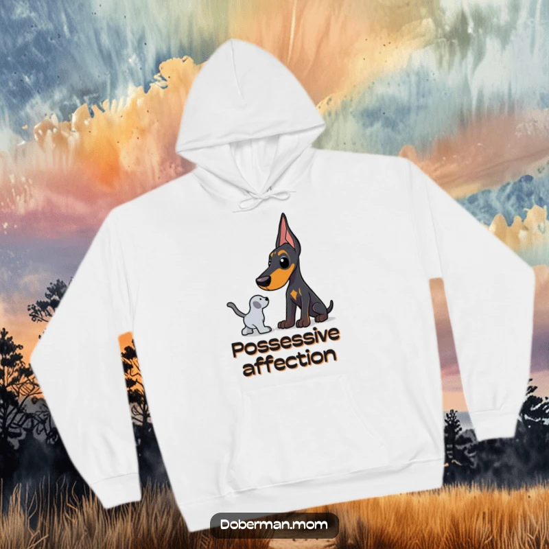 Funny Doberman hoodie showing a dog in a protective stance, intently guarding a toy, offering warmth and humor.