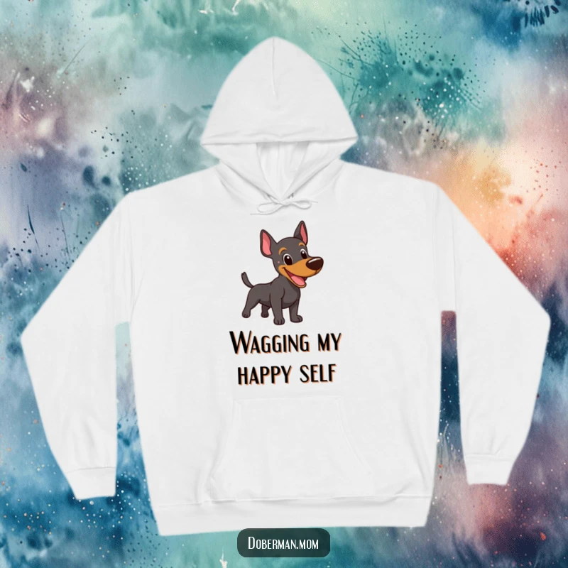 Funny Happy Doberman Hoodie: A warm hoodie featuring a happy Doberman with an excited bark and wagging tail.