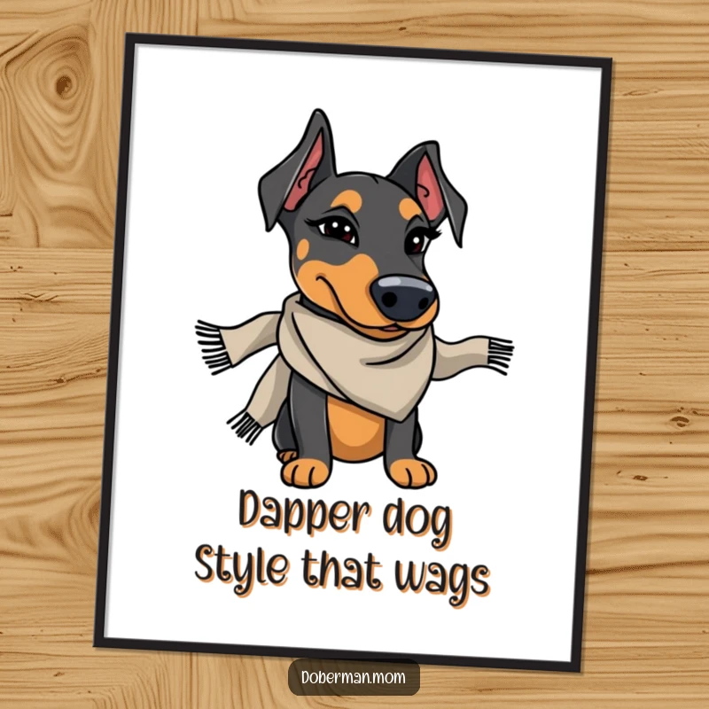 Funny Free Printable Wall Art: A Doberman wearing a stylish scarf winks charmingly, creating a sophisticated and humorous decorative piece.