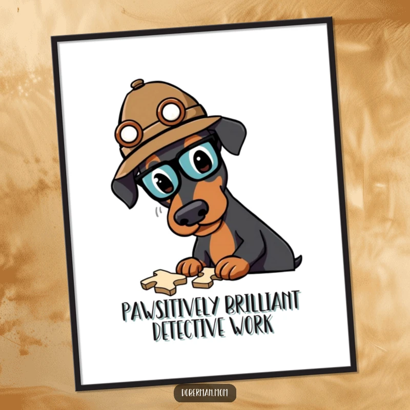 Funny Free Printable Wall Art: Doberman detective hat perched, eyes narrowed, solving a cosmic puzzle, ready to adorn your walls.