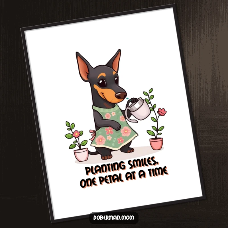 Funny Free Printable Wall Art: A Doberman dog in a floral apron joyfully watering a small, healthy plant.