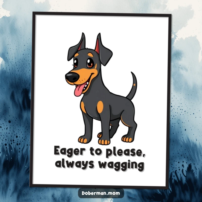Charming free printable wall art of a friendly Doberman wagging its tail, looking eagerly and invitingly at the viewer.