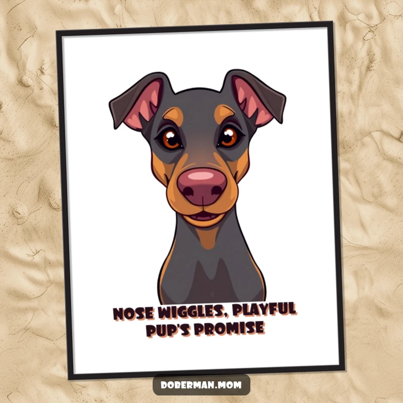 Funny Free Printable Wall Art: A Doberman shows its playful side with a nose wiggle and a mischievous glint in its eyes.