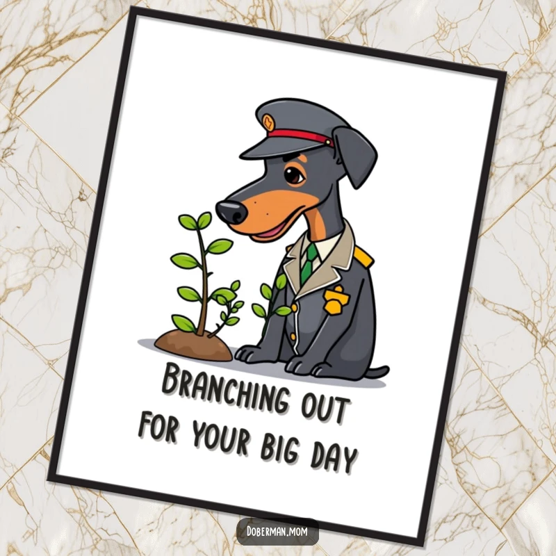 Funny Free Printable Wall Art: Doberman dressed in a smart uniform, diligently watering a tiny sapling.