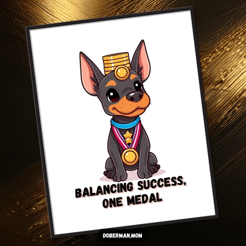 Free Printable Wall Art: A graceful Doberman showcasing incredible balance while holding a dazzling stack of shiny medals on its head.