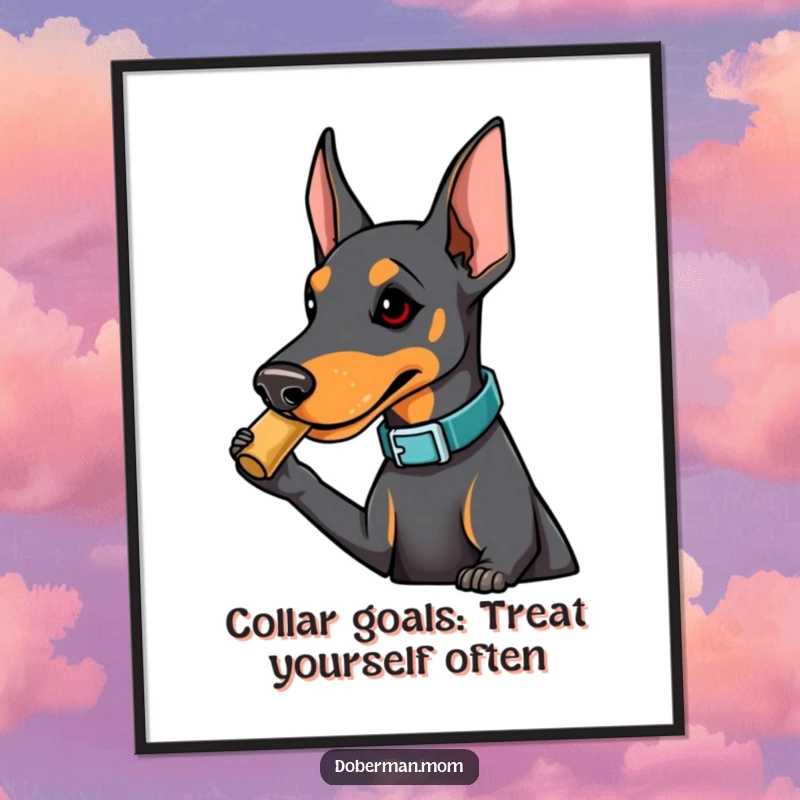 Funny Free Printable Wall Art depicting a Doberman in a fashionable collar playfully nudging a treat, adding a touch of playful humor.