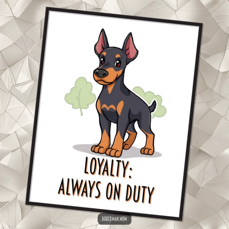 Funny Free Printable Wall Art: A loyal Doberman with a protective stance surveys its surroundings with vigilance.