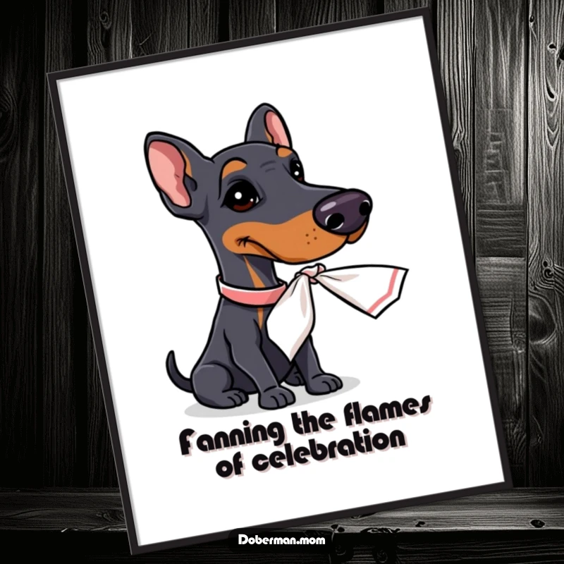 Funny Free Printable Wall Art: A sophisticated Doberman dog gracefully fanning itself with a small, elegant handkerchief.